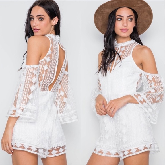 White Lace Cold Shoulder Short Romper/Jumpsuit - Picture 3 of 3